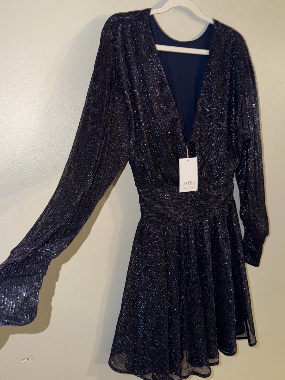 MISA Los Angeles Navy Metallic Sparkle Long Sleeve Mini Dress XS NWT